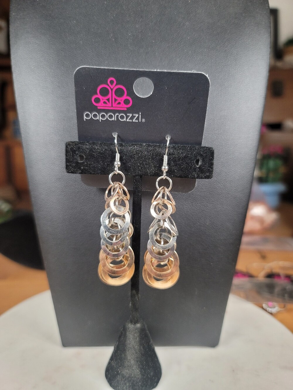 paparazzi Multi-Tone Layered Hoop Dangle Earrings - Silver, Gold, & Rose Gold